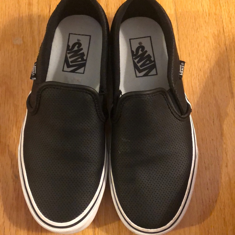 Black perforated leather vans slipons